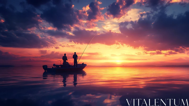 Two anglers fish from a small boat on calm water at sunset