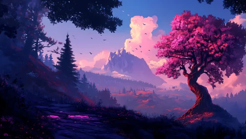 Enchanted pink tree overlooks glowing twilight mountainscape.