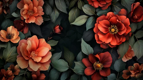 Red and Coral Blooms with Dark Foliage.