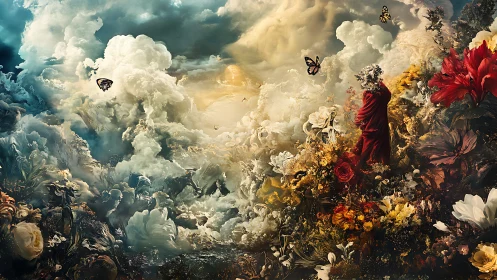 Floral deity ascending through baroque storm clouds of light.