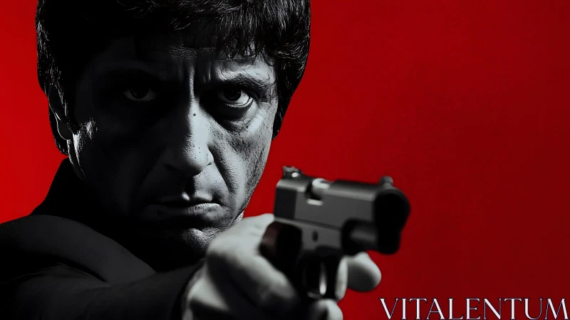 Man aiming handgun in stark red and black portrait