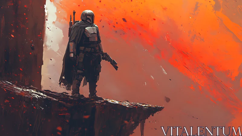 Helmeted wanderer weighs the silence above a molten sky