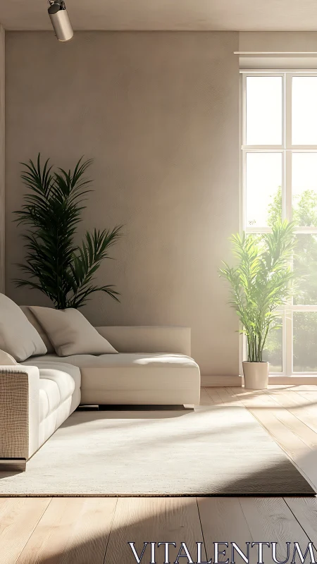 Sunlit sofa drifts lazily through a quiet minimalist haven