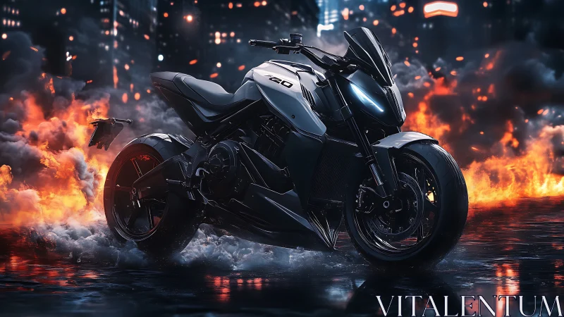 Cyberpunk sport bike amid incendiary urban skyline composition.