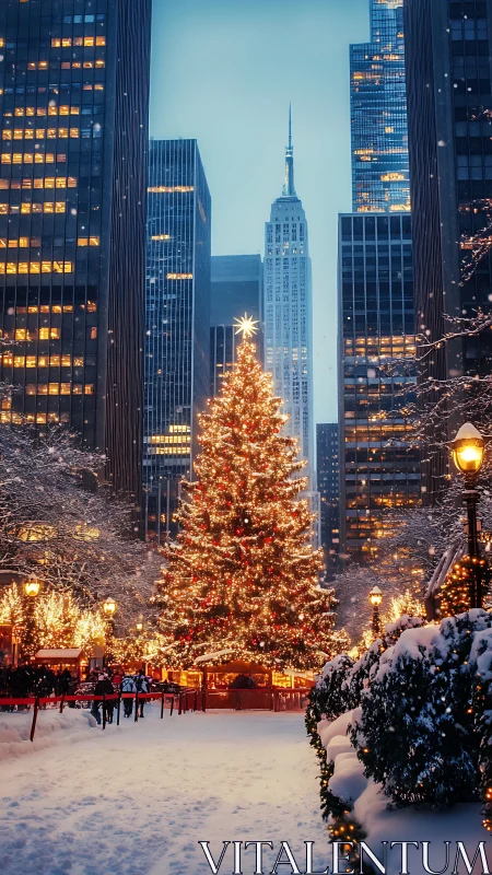 City skyscrapers kneel as a glowing Christmas tree crowns winter