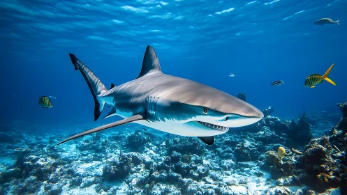 Predatory reef shark glides over coral seabed in clear blue water