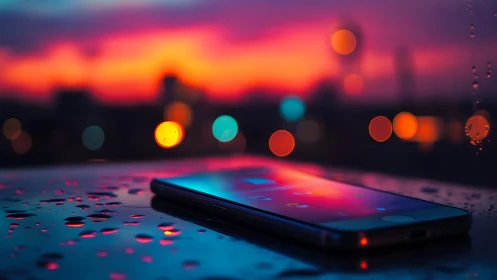Smartphone on wet surface with neon bokeh at sunset hour