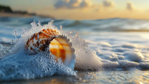 Sea shell hit by foamy surf on bright sunset shoreline.