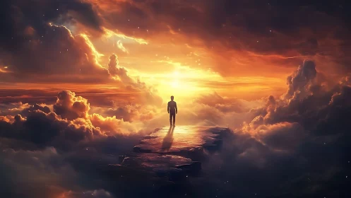 Solitary figure on celestial path under radiant sunset sky.