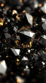 Faceted black crystals with warm gold bokeh illumination.