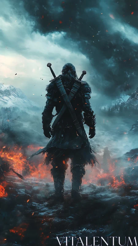 Armored warrior walks through burning snowfield under storm
