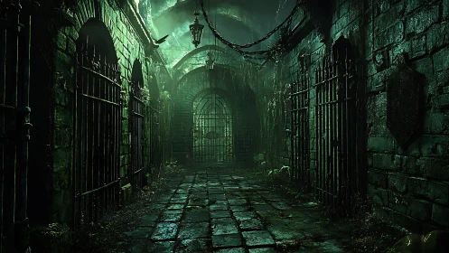 Foggy green dungeon corridor stretches toward iron gate