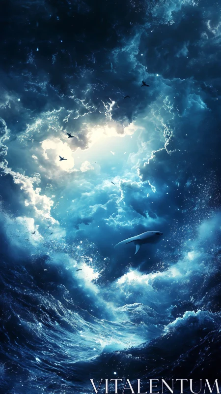 Storm-lit whale ascends through cosmic ocean clouds.
