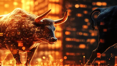 Digital bull figures with abstract financial cityscape backdrop.