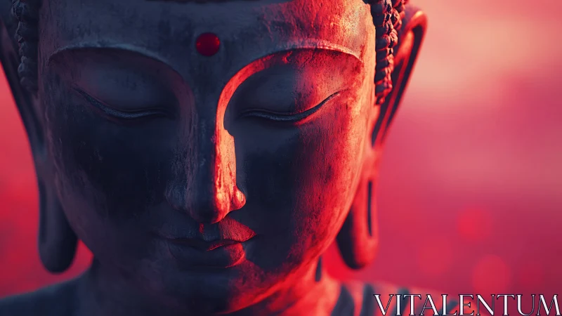 Serene Buddha statue close-up with warm red lighting.