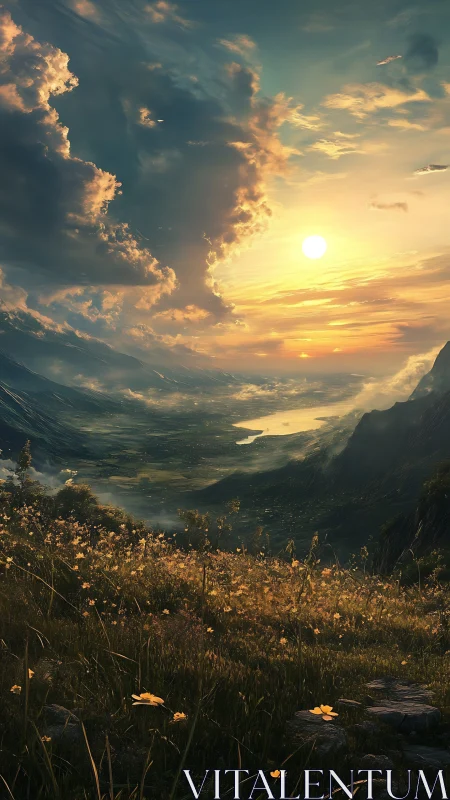 Sunlit alpine valley with wildflower meadow at sunset