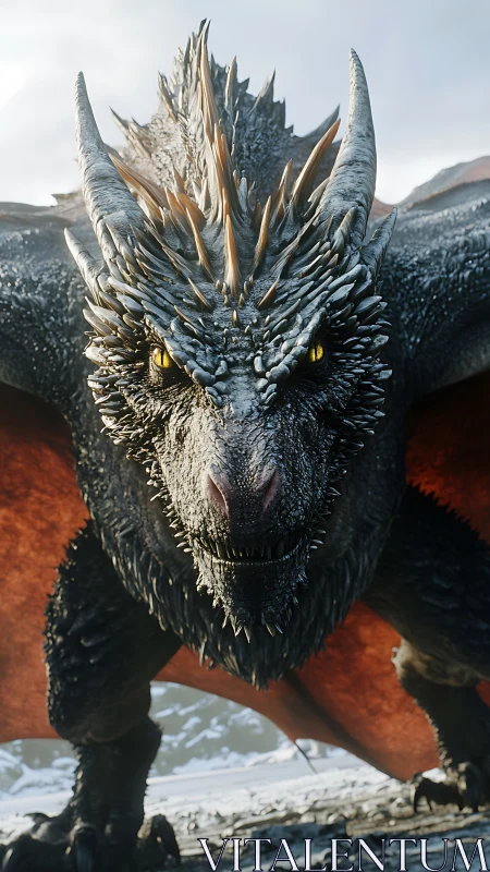 Fierce yet noble dragon gazing forward with molten eyes.