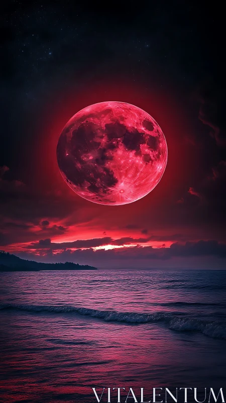 Crimson supermoon rising above reflective twilight sea.