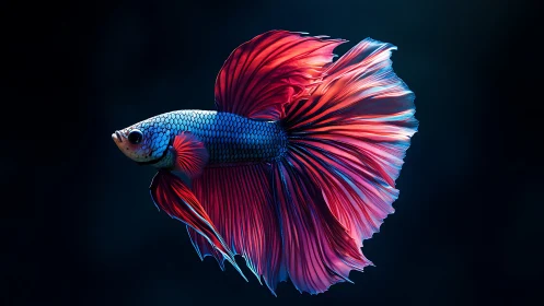 Vibrant betta fish with flowing red and blue fins.