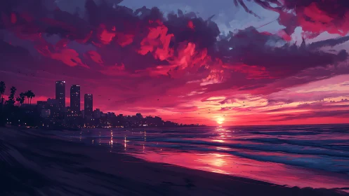 City shoreline under vivid magenta and blue sunset sky.