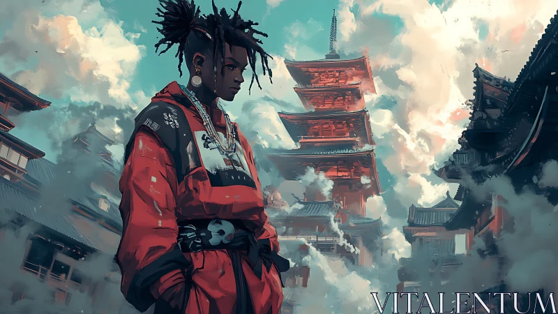 Urban figure in red jacket before layered pagoda skyline.