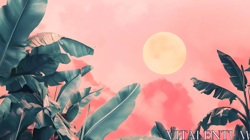 Tropical banana leaves under pastel sunlit coral sky.