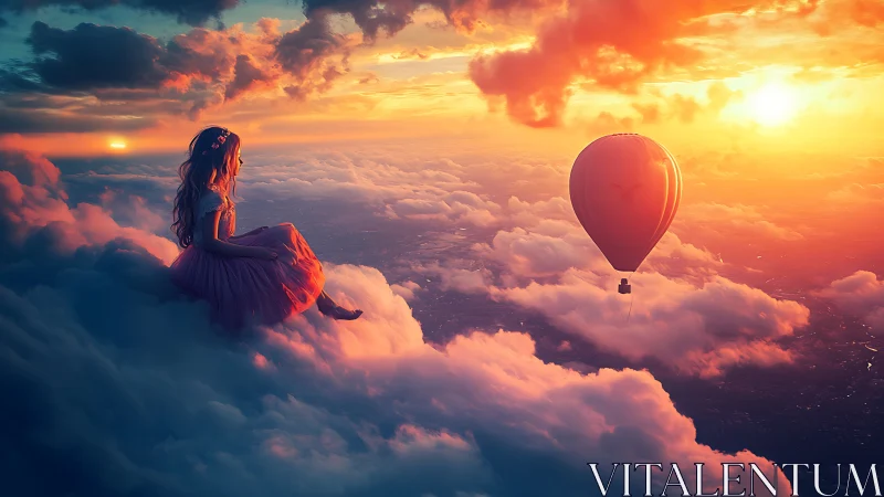 Atmospheric dreamscape with girl on clouds and balloon at sunset.