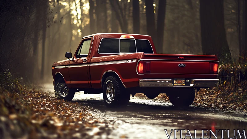 Autumn road welcomes a classic red pickup with cozy charm