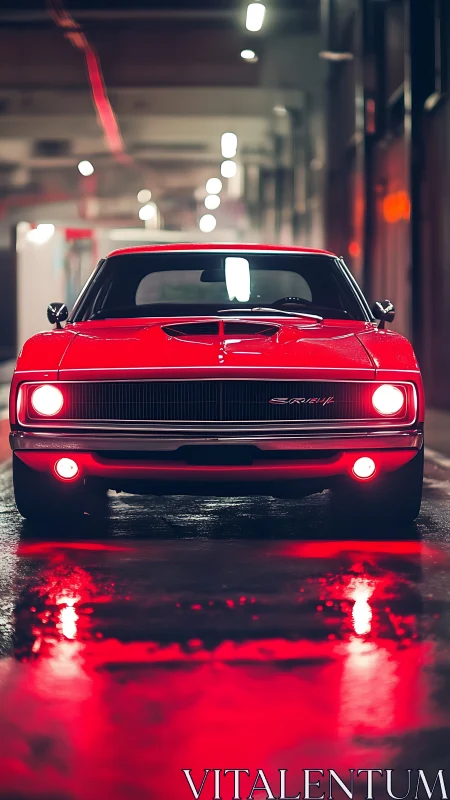 Red classic muscle car under urban night lights reflection.