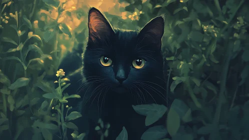 Black Cat with Golden Eyes Gazes Through Garden Blooms