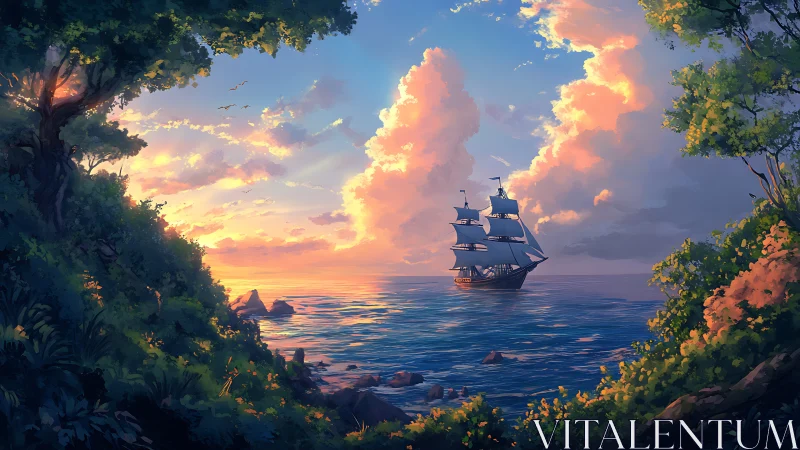 Golden Hour Voyage: Galleon Sails Through Framed Paradise