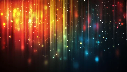 Abstract colorful vertical light streaks with glowing particles.