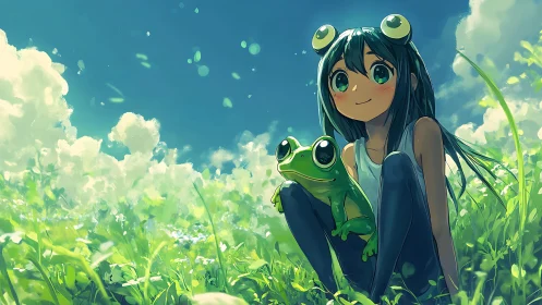 Girl sits in sunlit meadow holding bright green frog companion