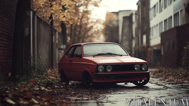 Red compact car parked in narrow wet urban street scene.