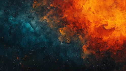 Fiery orange nebula drifts beside calm blue cosmic clouds