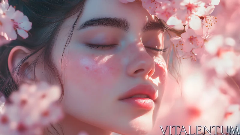 Hyperreal close-up portrait amid luminous cherry blossoms