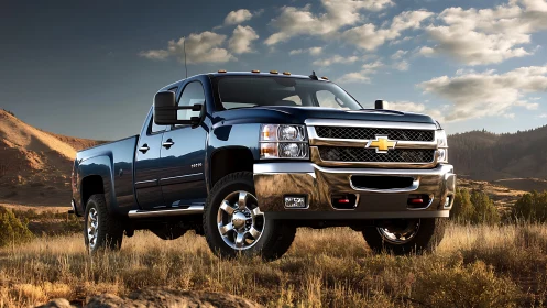 Full-size Chevrolet pickup with chrome accents in rugged terrain