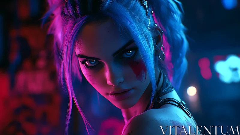 Neon-lit blue-haired punk woman rendered with high contrast rim lighting