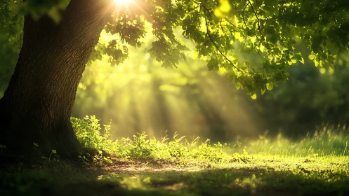 Sunlight Streaming Through Lush Green Tree in Peaceful Forest Scene.