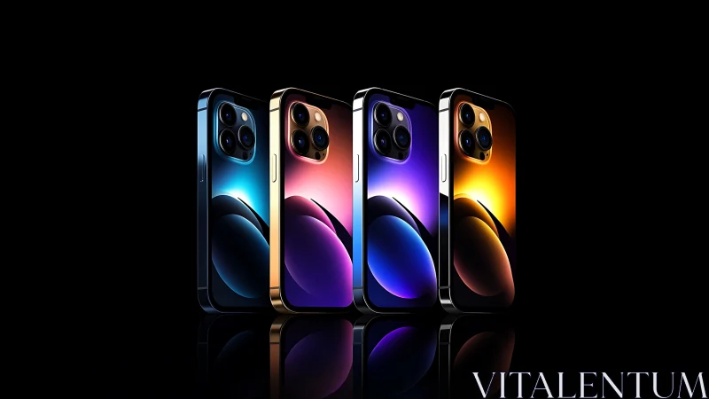 Photorealistic premium smartphones in gradient chromatic lineup.