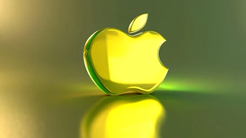 Glossy yellow Apple logo in 3D on a metallic green background.