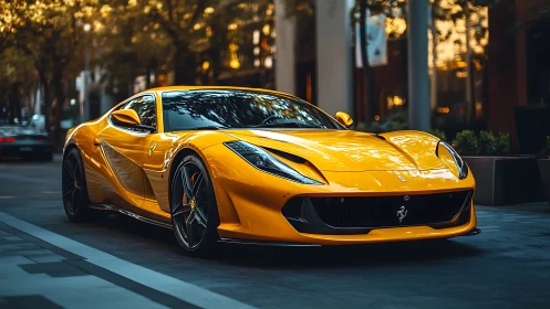 Yellow supercar glows under warm city evening light.