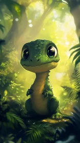 Baby forest dinosaur glows under soft sunbeams