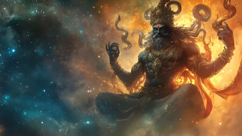 Mythic deity figure levitates in fiery cosmic nebula backdrop