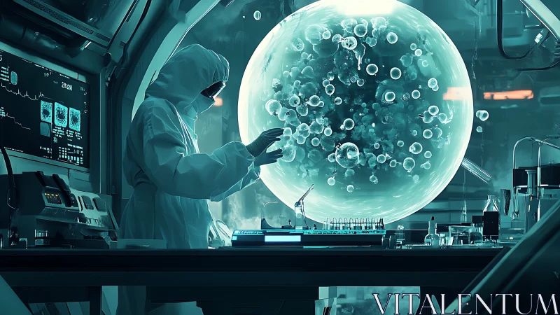 Scientist in hazmat suit studying giant glowing cell sphere.
