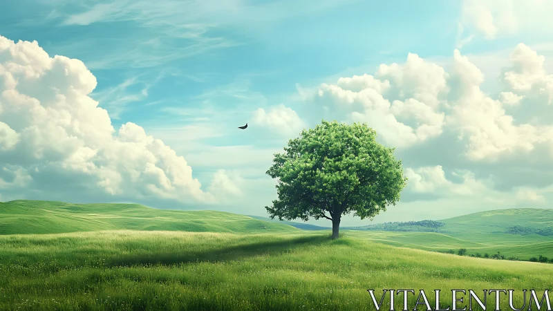Lone Green Tree in Lush Meadow Under Blue Sky, Realistic Style.