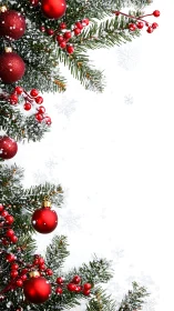 Joyful red ornaments on snowy evergreen branches invite cheer.