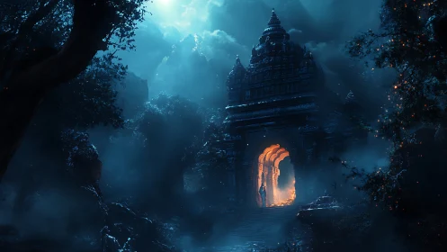 Moonlit jungle temple gate with lone glowing pilgrim.