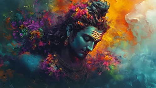 Blue-skinned figure with floral elements in vivid clouds.