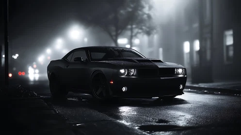 Midnight muscle car in cinematic foggy urban street scene.